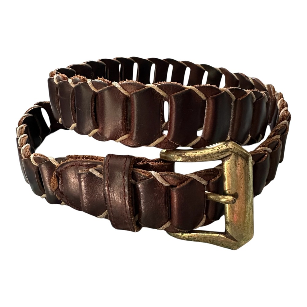 Great Land Mens M (34) Brown Leather Woven Belt Antiqued Brass Buckle